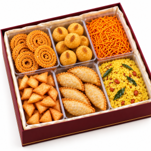 Diwali Faral Box – Chakli, Chivda, Shev, Shankarpali, Besan Ladoo & Karanji
